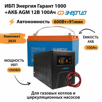 ИБП для котла Энергия Гарант 1000 + Аккумулятор 100 Ач 12 В (600Вт - 91мин) - ИБП и АКБ - ИБП для котлов - Магазин электрооборудования Проф-Электрик