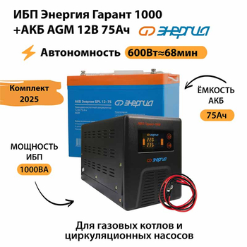 ИБП для котла Энергия Гарант 1000 + Аккумулятор 75 Ач 12 В (600Вт - 68мин) - ИБП и АКБ - ИБП для котлов - Магазин электрооборудования Проф-Электрик