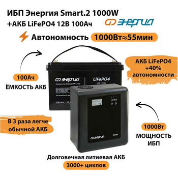 ИБП Энергия Smart.2 1000W + Аккумулятор LiFePO4 12v-100Ah (1000Вт-55мин) - ИБП и АКБ - ИБП Энергия - ИБП на 1 кВА - Магазин электрооборудования Проф-Электрик
